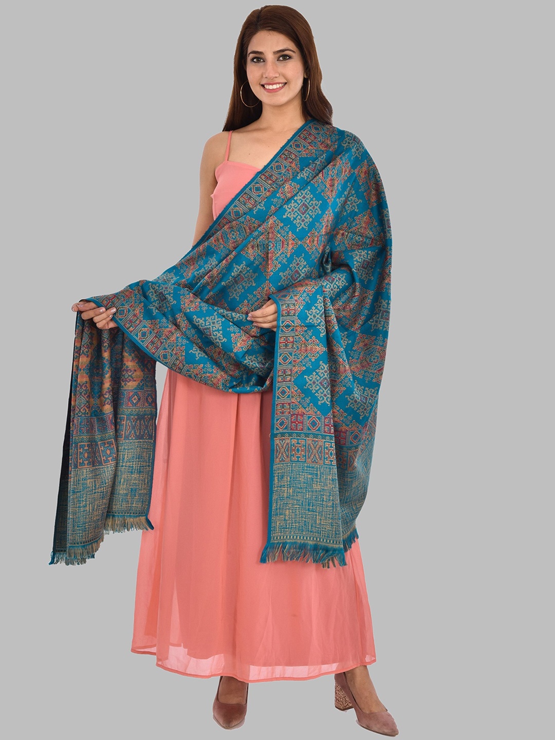 

BAISA Women Ethnic Motifs Woven Design Woollen Shawl, Blue