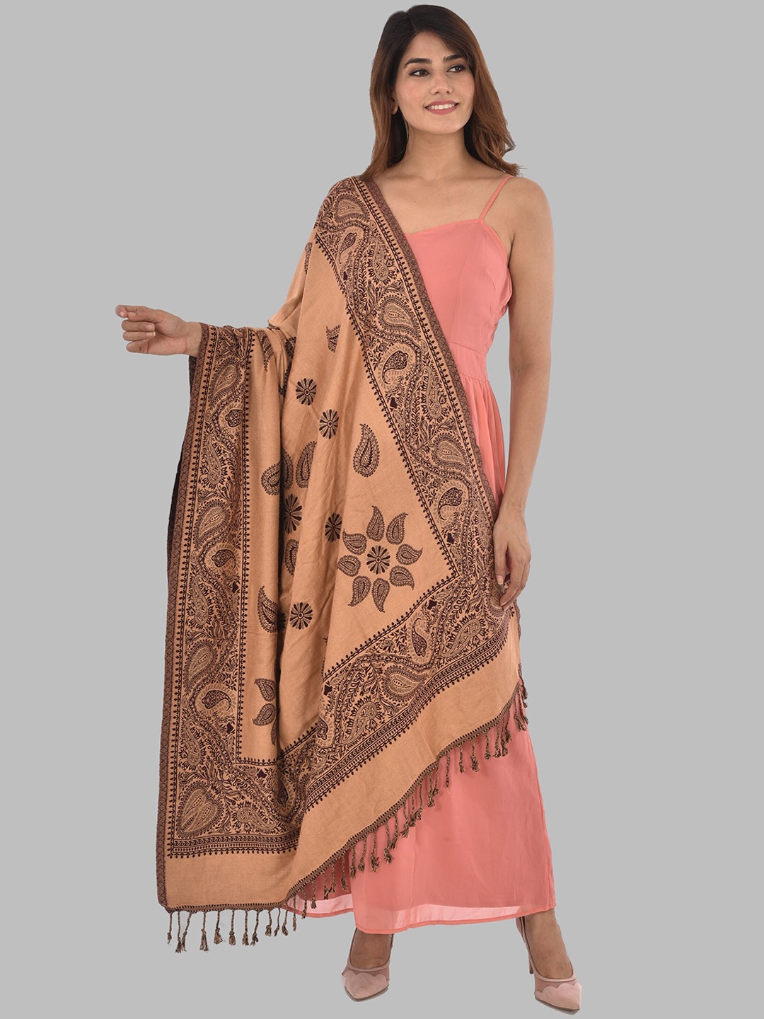 

BAISA Ethnic Motifs Phulkari Woven Design Shawl, Brown