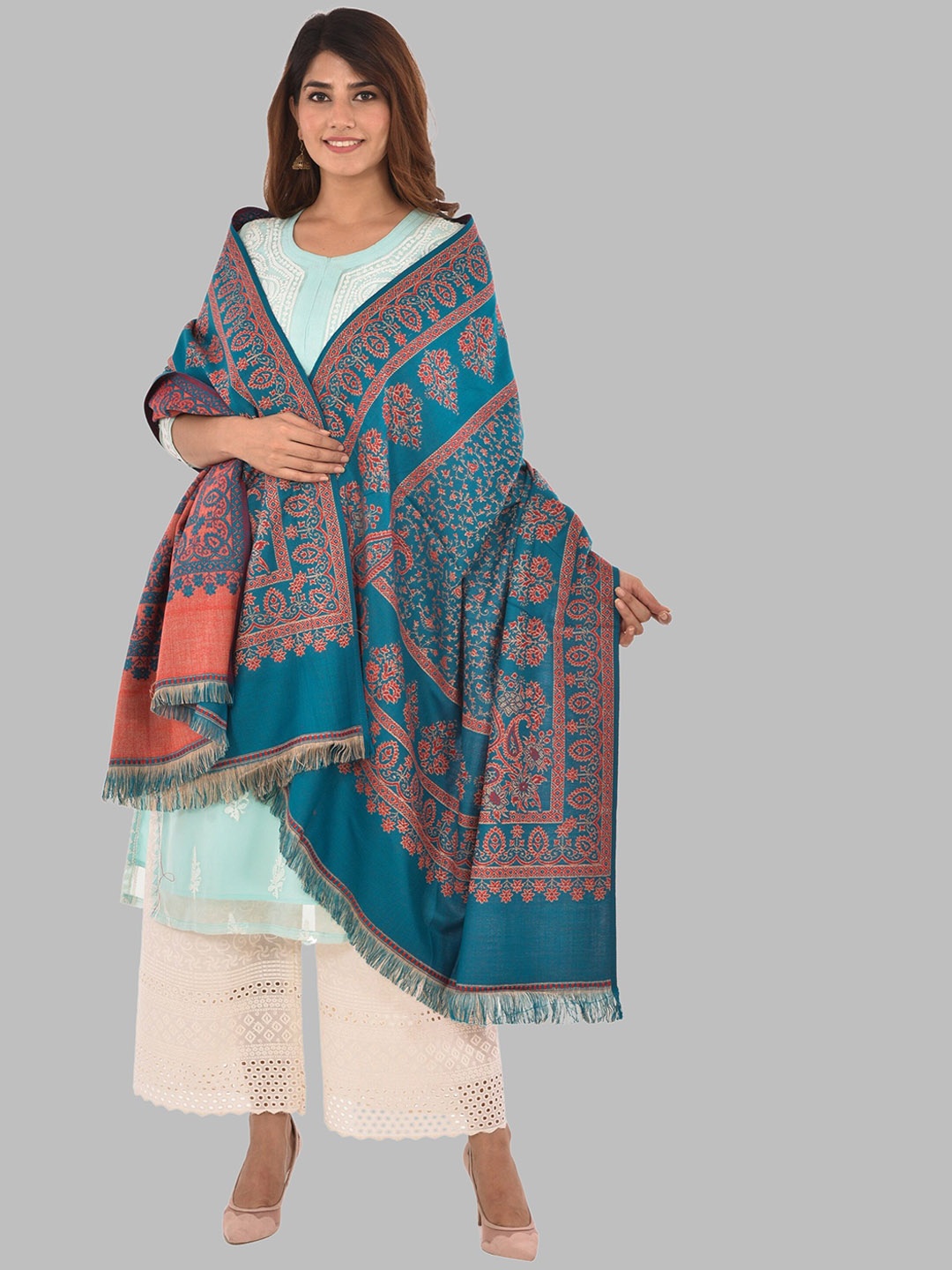 

BAISA Ethnic Motifs Woven Design Acrylic Shawl, Sea green