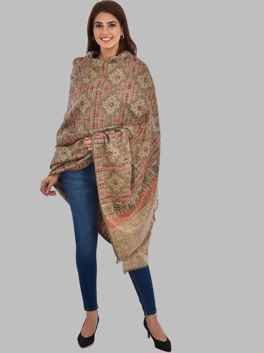 

BAISA Geometric Woven Design Woolen Shawl, Grey