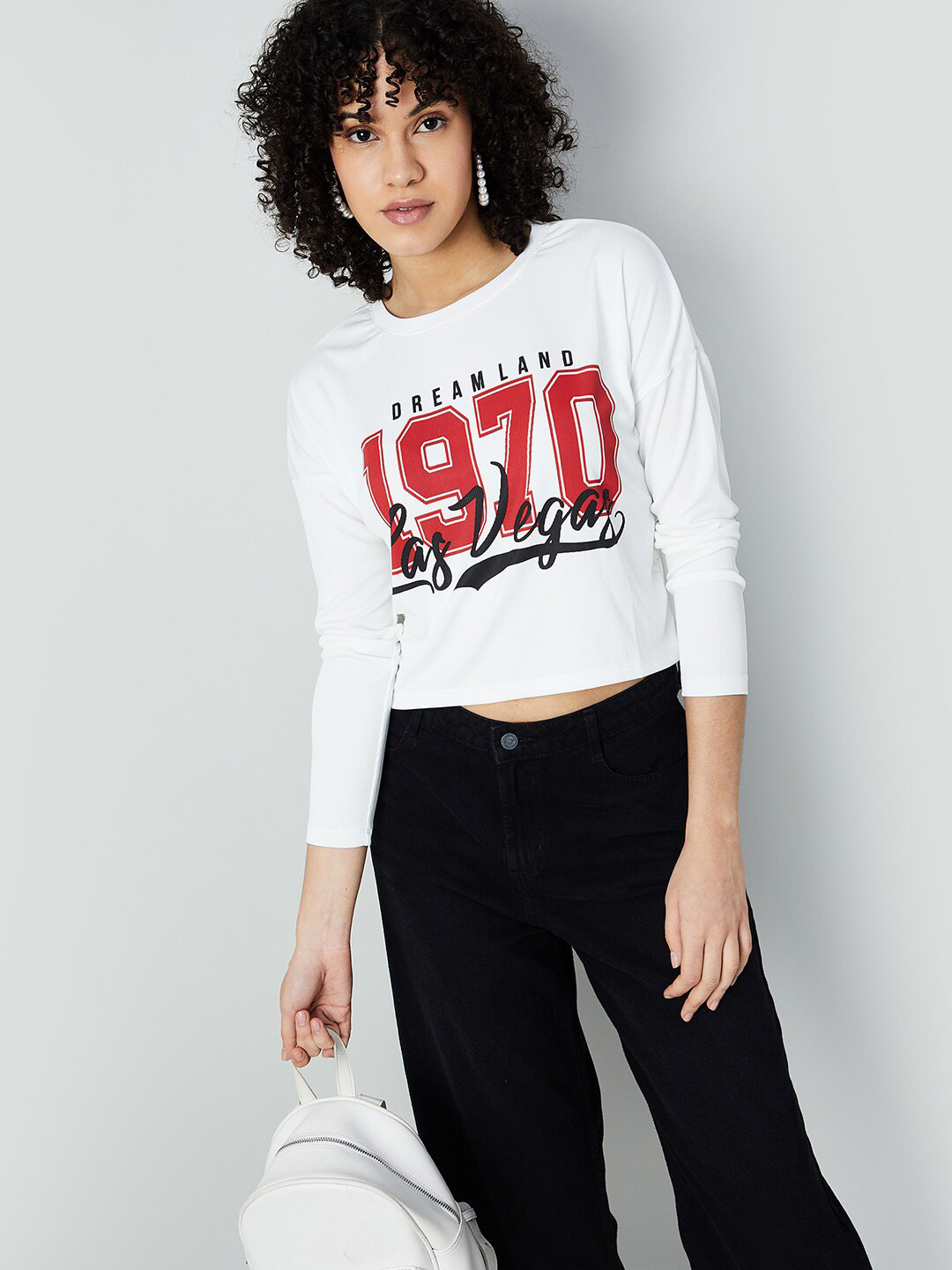 

Ginger by Lifestyle Typography Printed Extended Sleeves Crop Top, White
