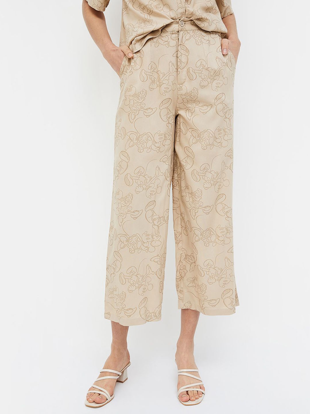 

Ginger by Lifestyle Women Mickey Mouse Printed Mid-Rise Cotton Parallel Trousers, Brown