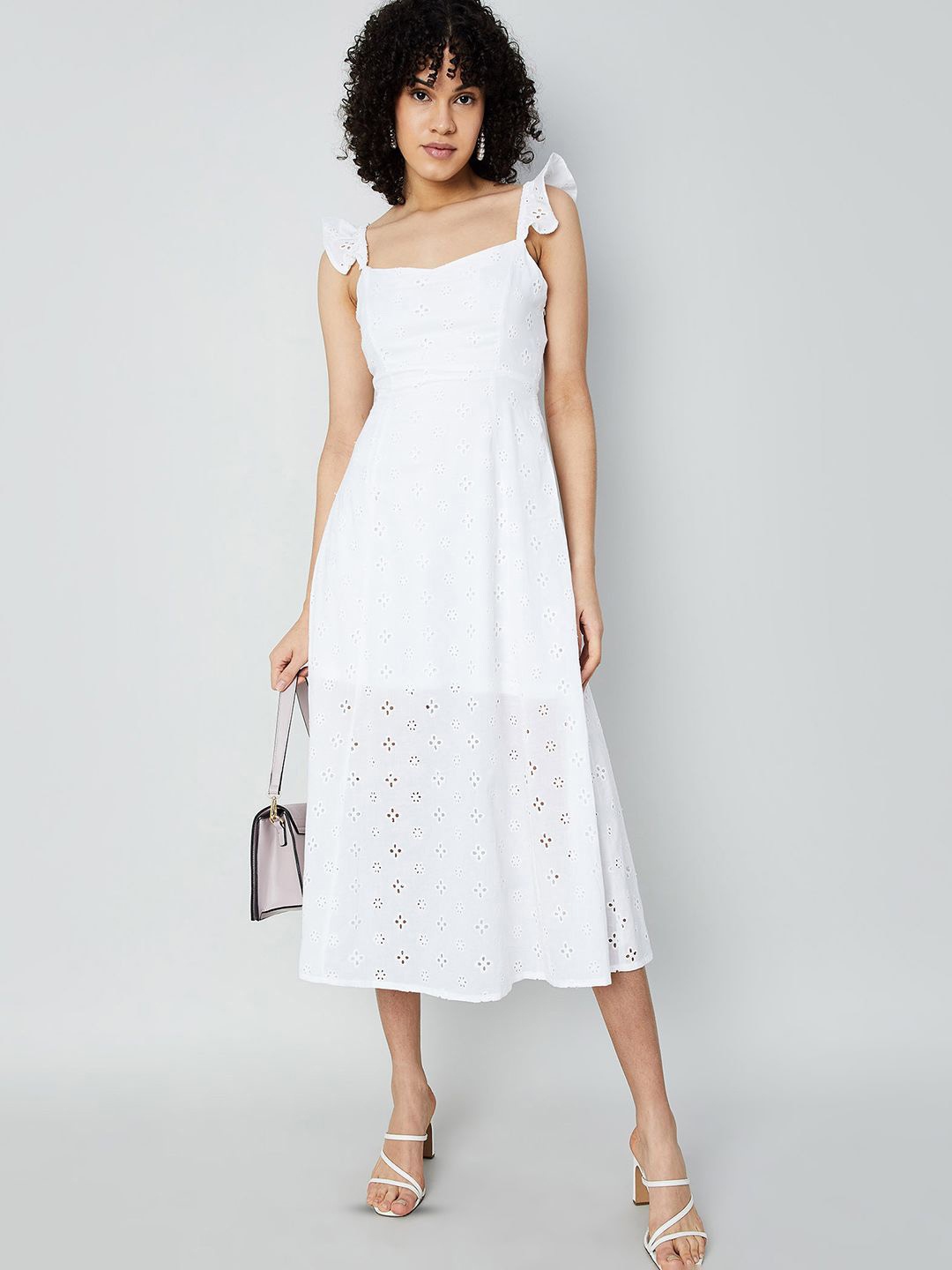 

Ginger by Lifestyle Schiffli Shoulder Straps Cotton Fit & Flare Midi Dress, White