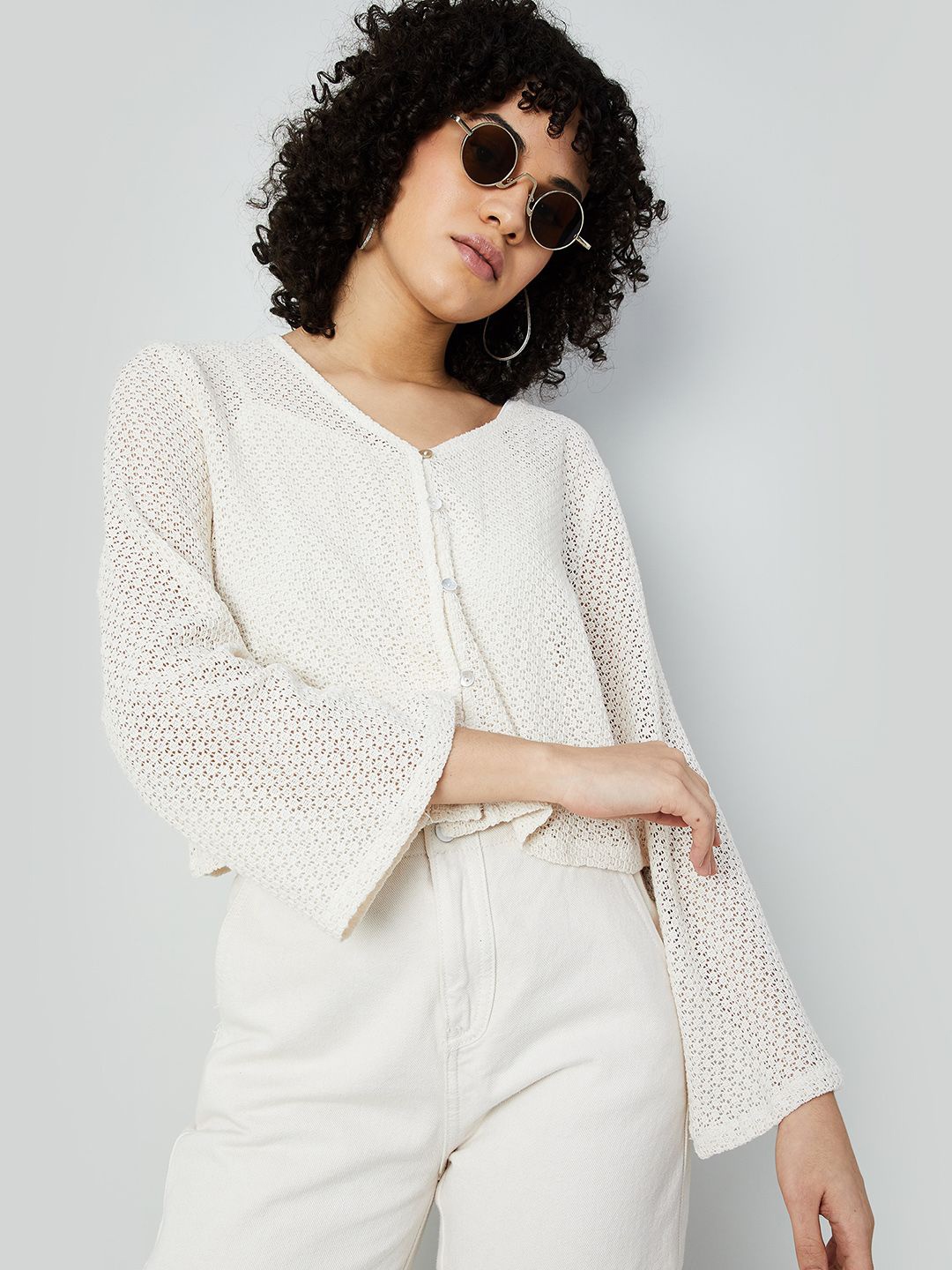 

Ginger by Lifestyle Crochet Self Design V-Neck Bell Sleeve Cotton Top, Cream