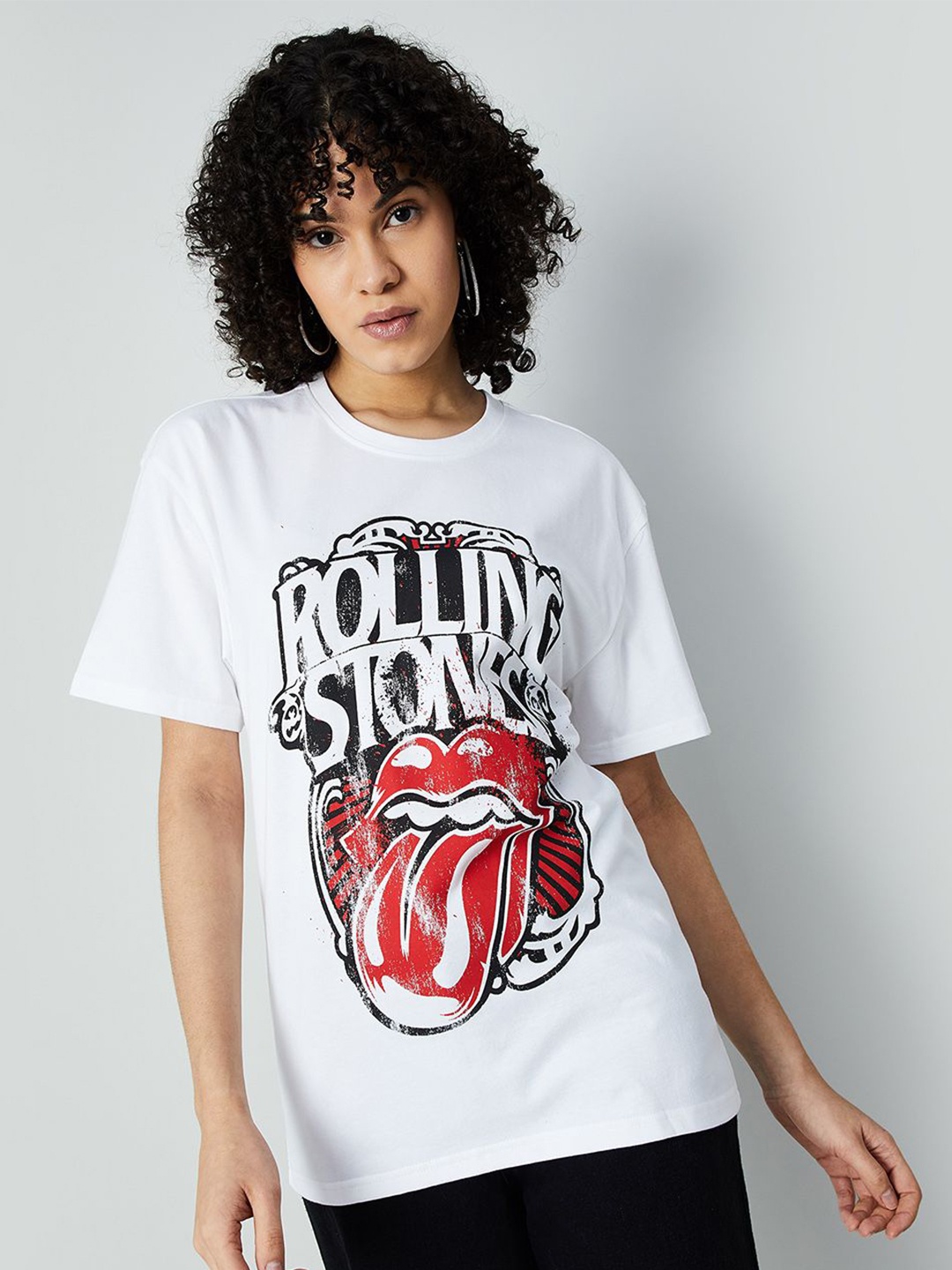 

Ginger by Lifestyle Women Rolling Stones Printed Round Neck T-shirt, White