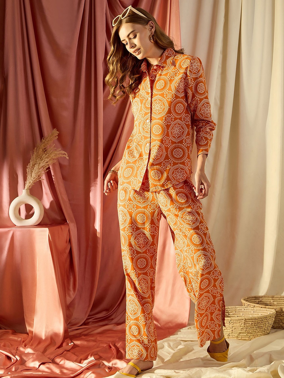 

KASSUALLY Ethnic Motifs Printed Long Sleeves Casual Shirt With Trousers, Orange