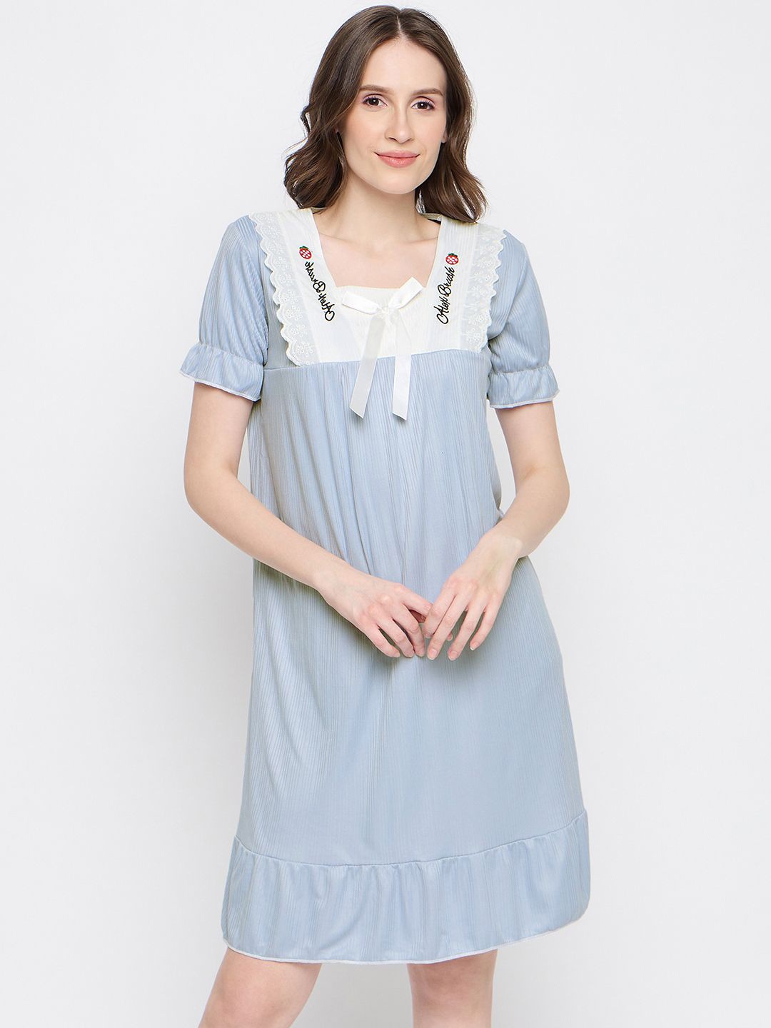 

Camey Embroidered Detail Square Neck Nightdress, Blue