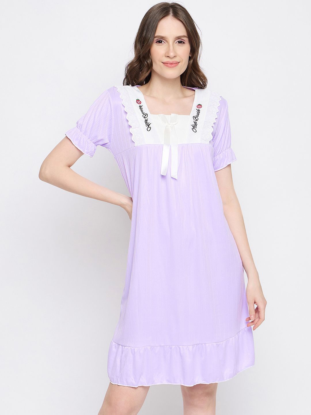 

Camey Embroidered Detail Square Neck Nightdress, Purple