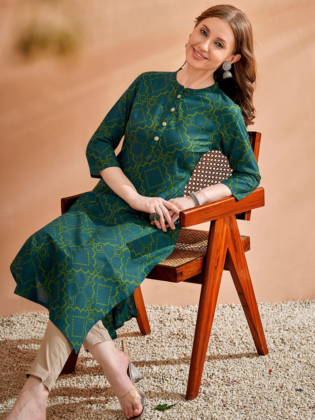 

Anouk Green Ethnic Motifs Printed Mandarin Collar Cotton Regular Kurta