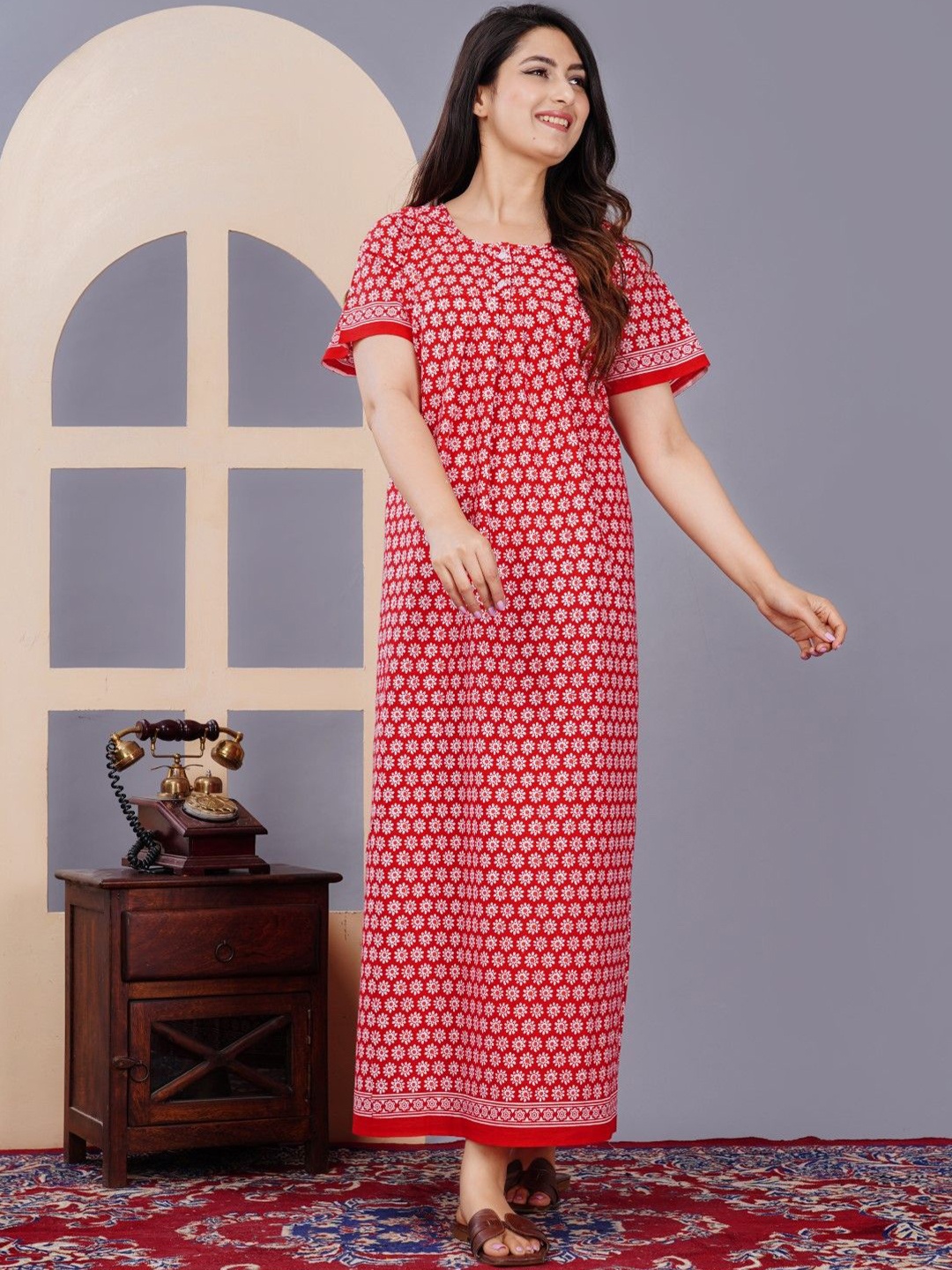 

MAYA PRINT Floral Printed Pure Cotton Maxi Nightdress, Red