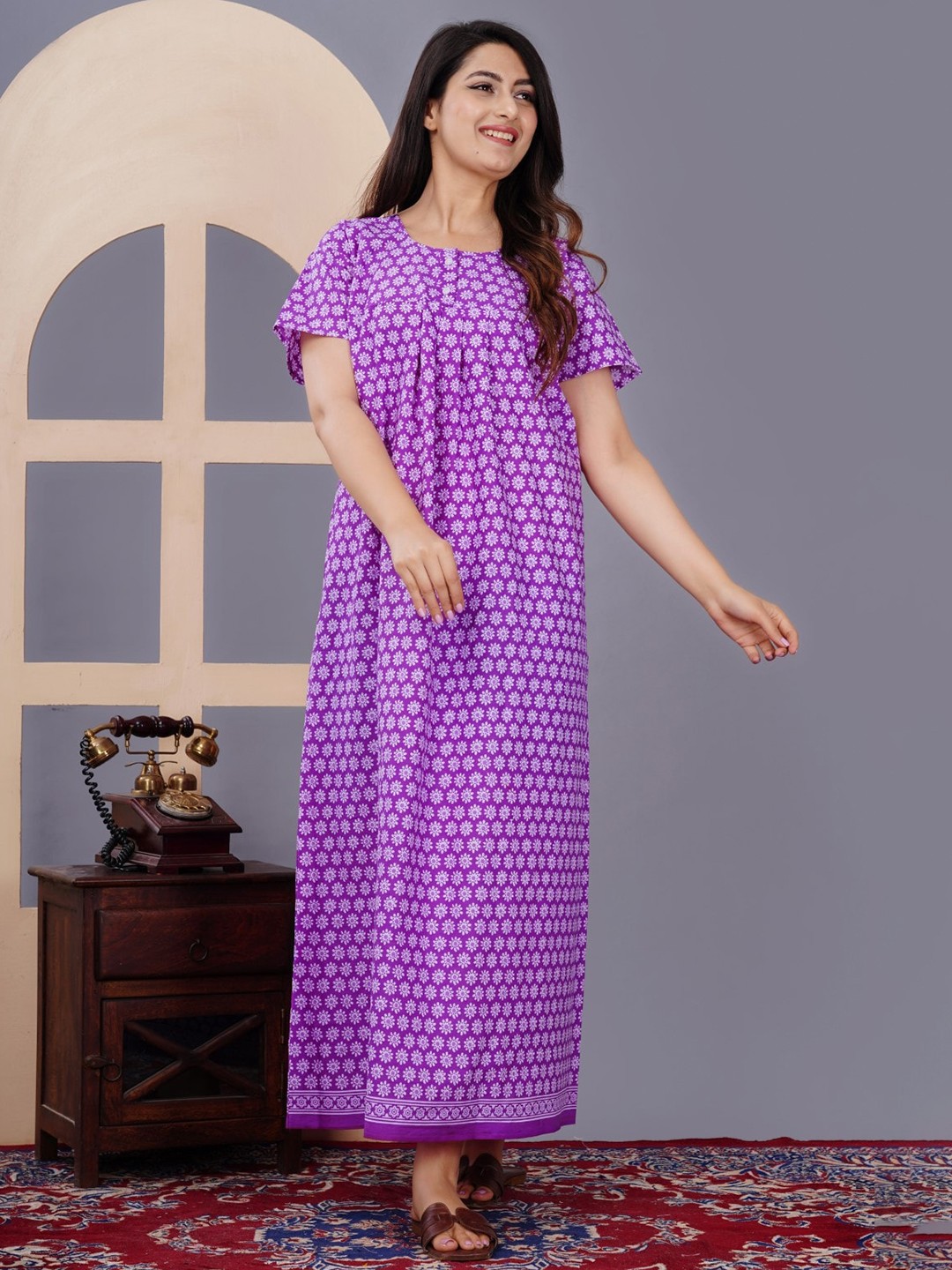 

MAYA PRINT Floral Printed Pure Cotton Maxi Nightdress, Purple