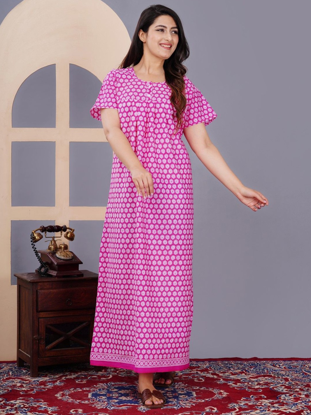 

MAYA PRINT Floral Printed Pure Cotton Maxi Nightdress, Pink