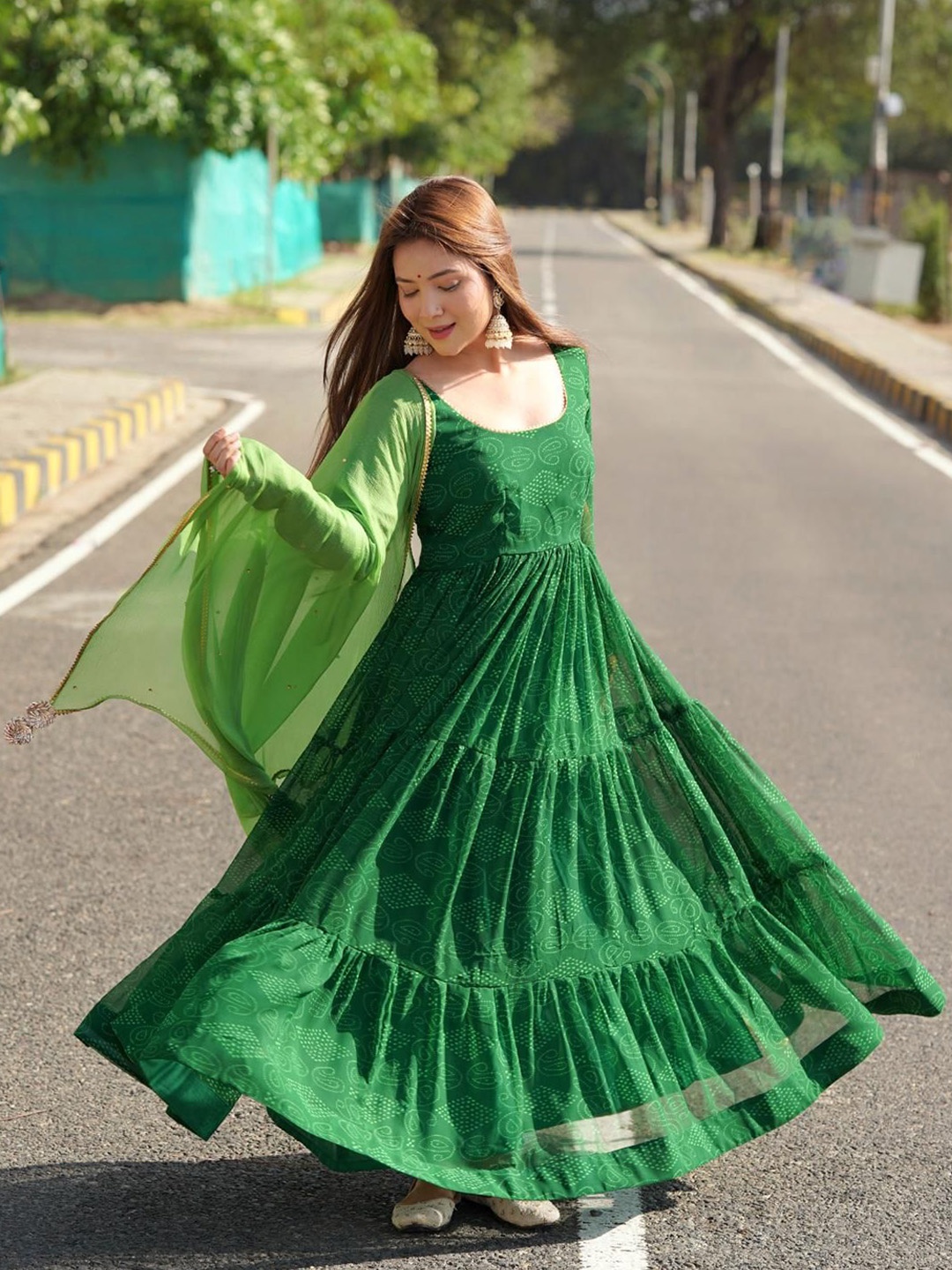 Rangpur Bandhani Printed Georgette Anarkali Kurta Kurta with Dupatta, Green