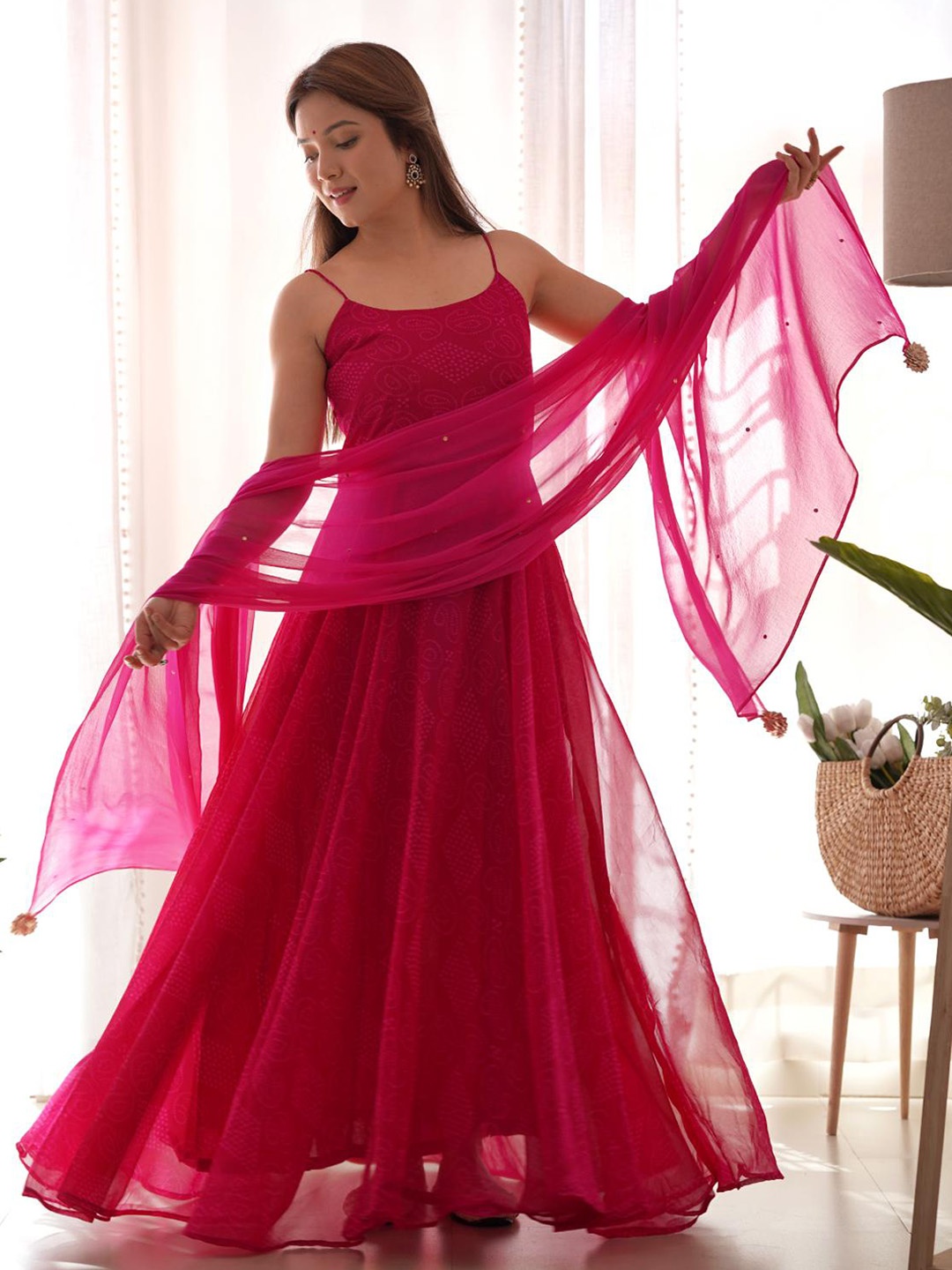 

Rangpur Bandhani Printed Georgette Anarkali Kurta with Dupatta, Magenta