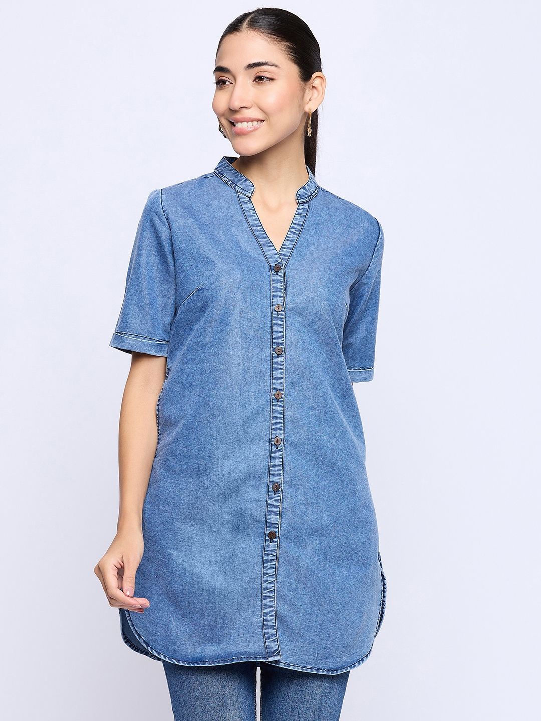 

Ruhaans Classic Mandarin Collar Longline Denim Shirt, Blue