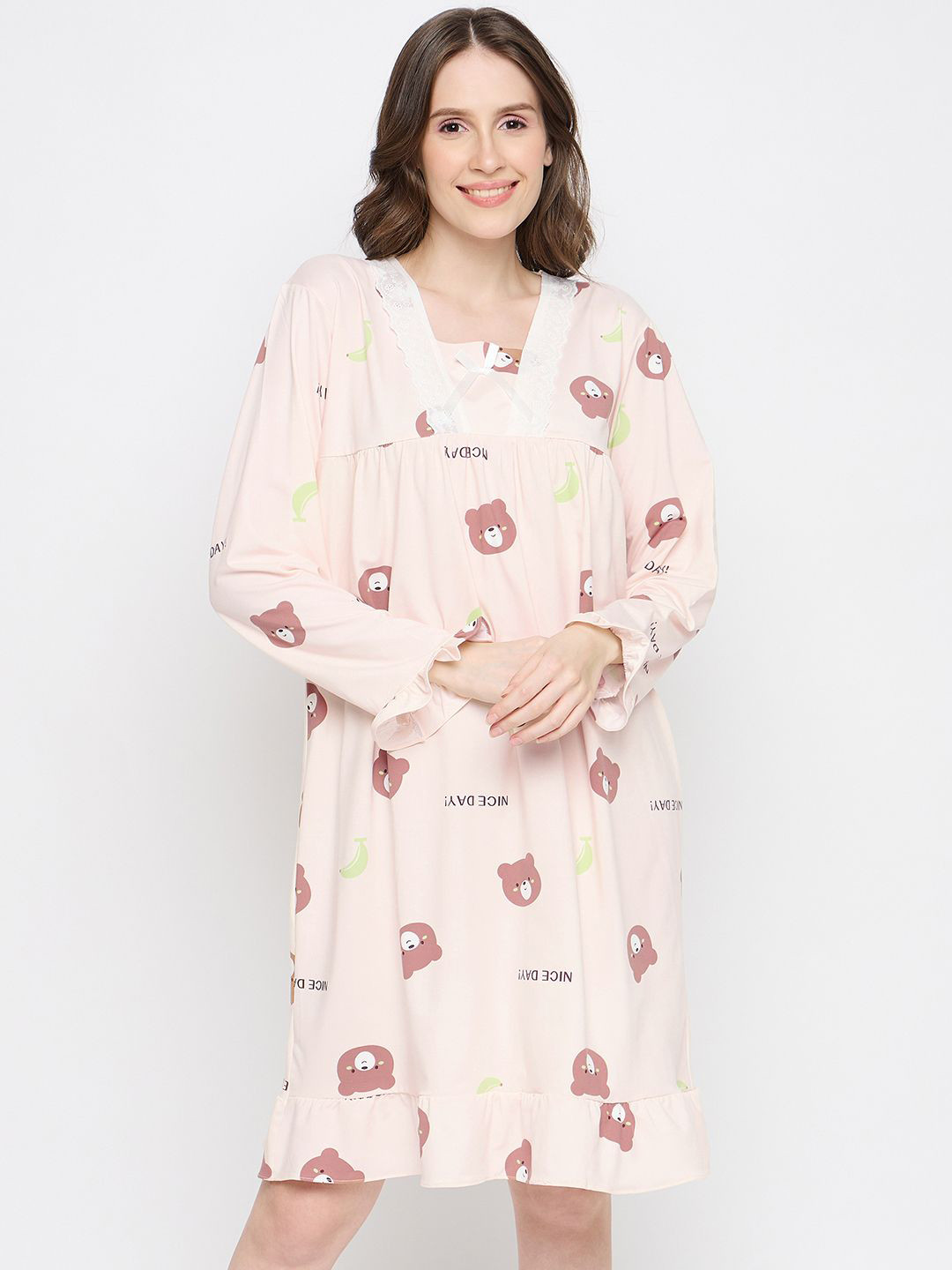 

Camey Conversational Printed Square Neck Nightdress, Cream