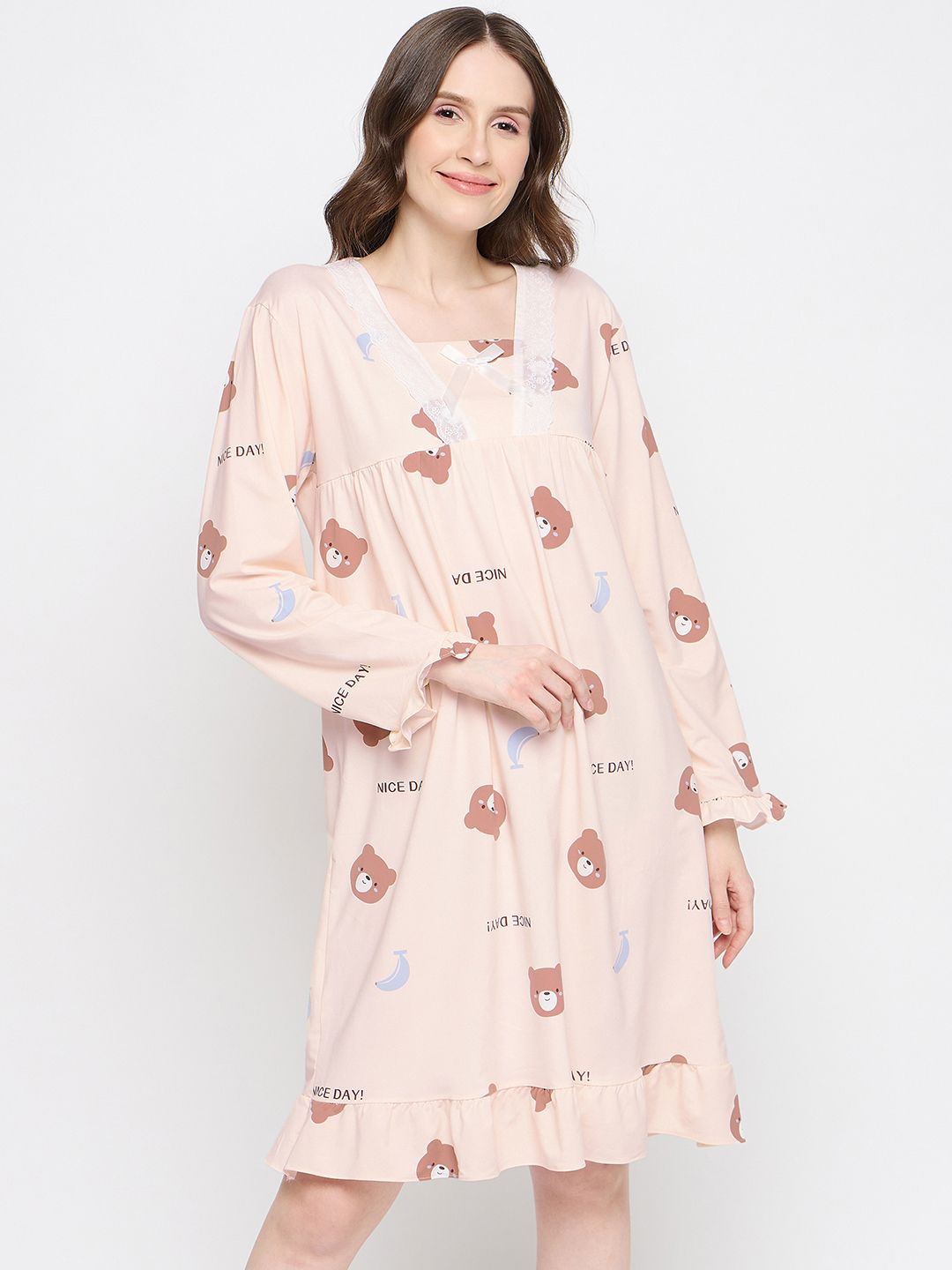 

Camey Conversational Printed Square Neck Nightdress, Beige