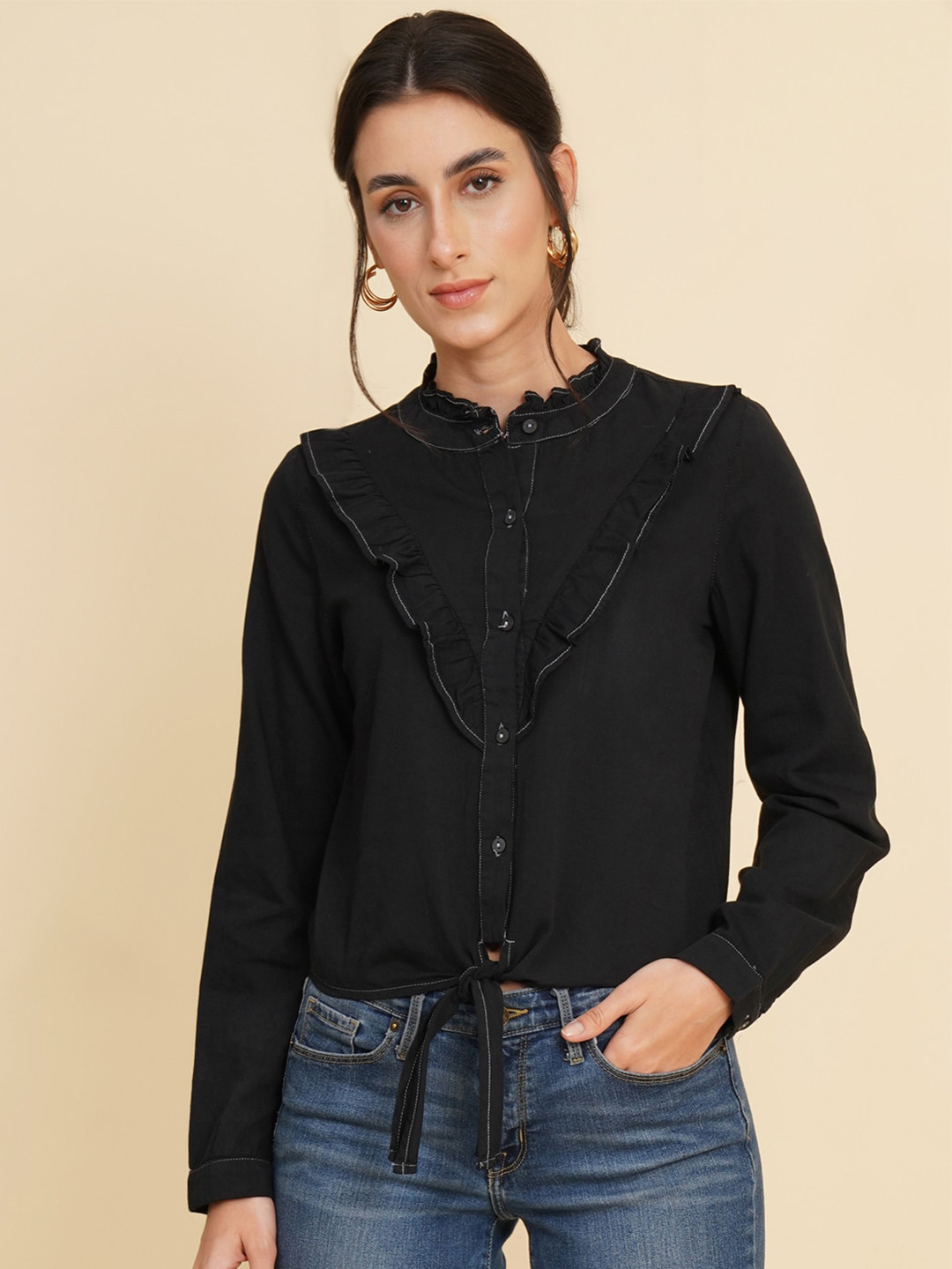 

HOUSE OF KKARMA Band Collar Gathered Cuffed Sleeves Shirt Style Cotton Top, Black