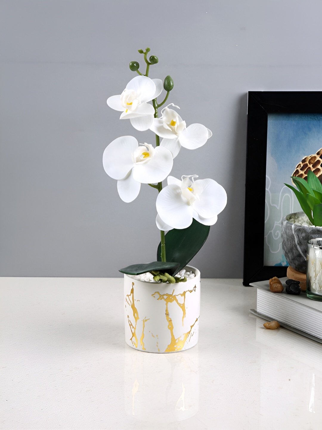 

TAYHAA White & Green Orchid Artificial Flower With Pot