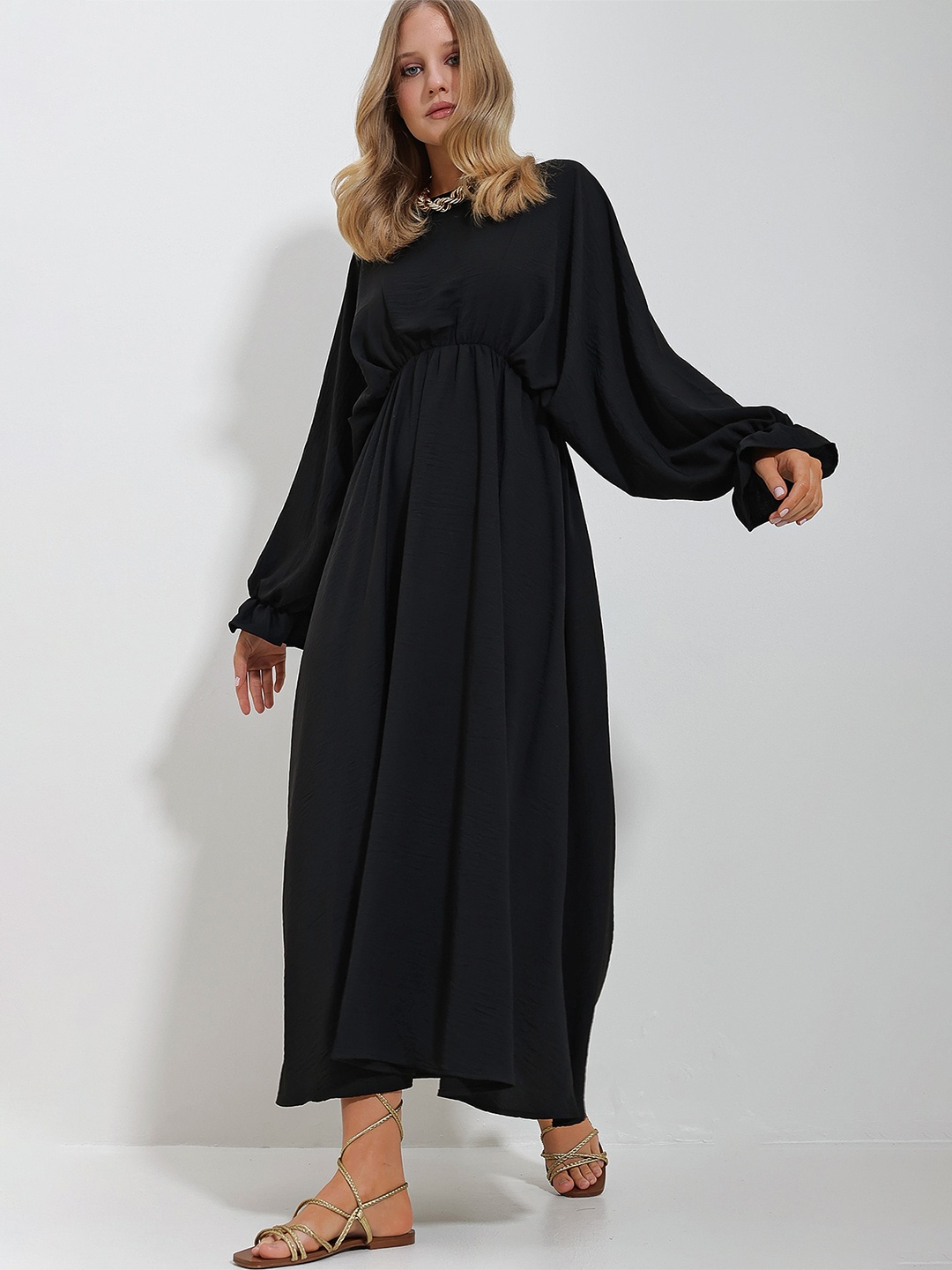 

Trend Alacati stili Puff Sleeve Maxi Dress, Black