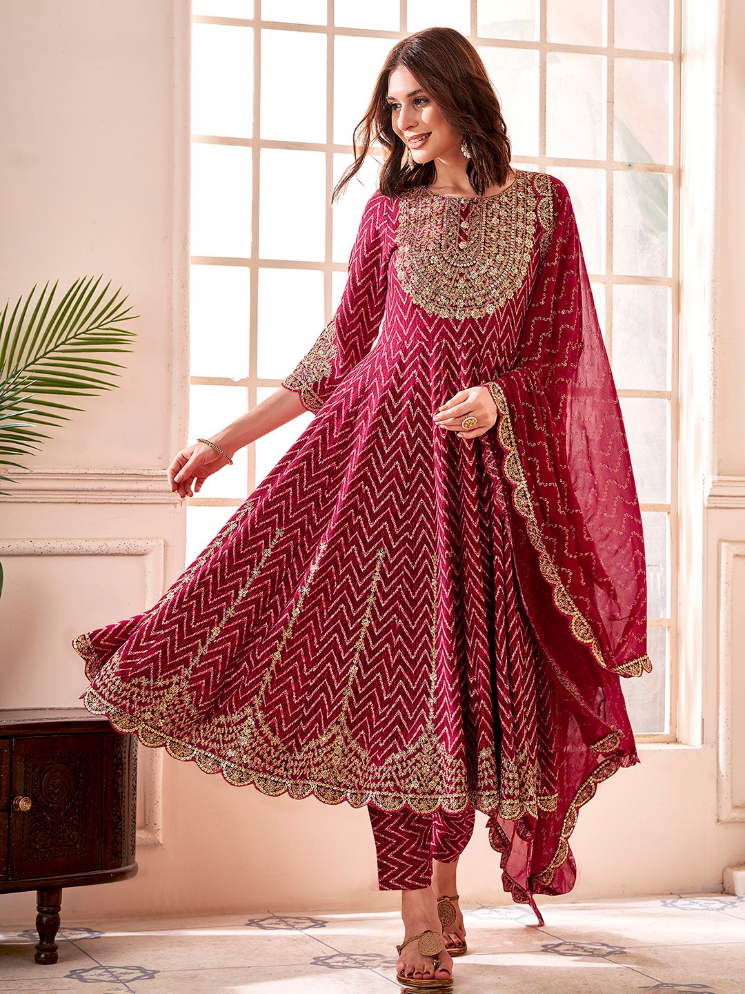 

Anouk Maroon Chevron Embroidered Empire Thread Work Anarkali Kurta & Trousers & Dupatta