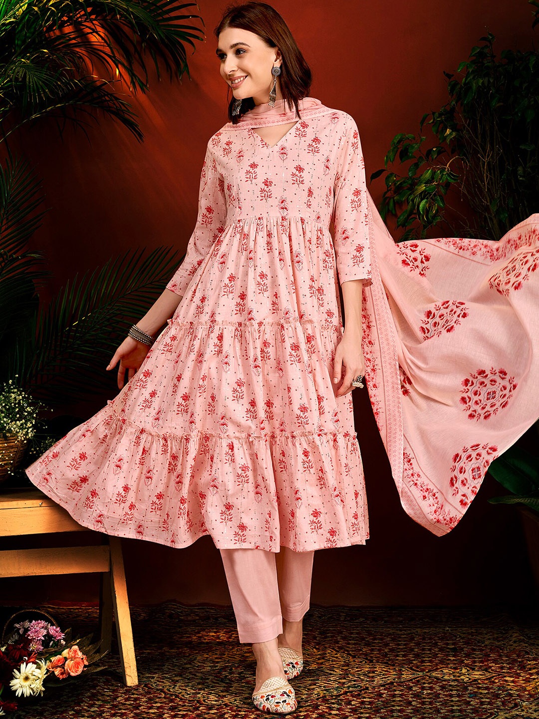 

Anouk Floral Printed Pleated Pure Cotton Anarkali Kurta With Trousers & Dupatta, Pink