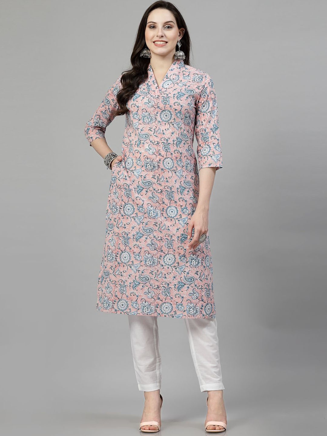 

SkyaSia V Neck Ethnic Motifs Printed Straight Kurta, Pink
