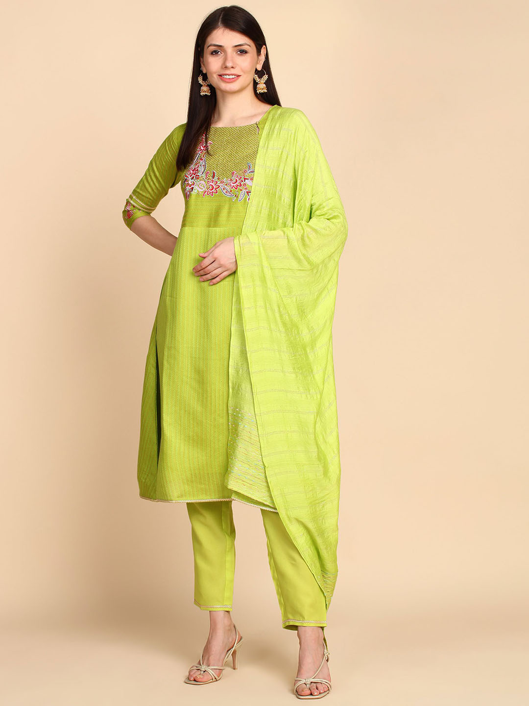 

Bani Women Embroidered Thread Work Chanderi Cotton A-Line Kurta With Trousers & Dupatta, Green