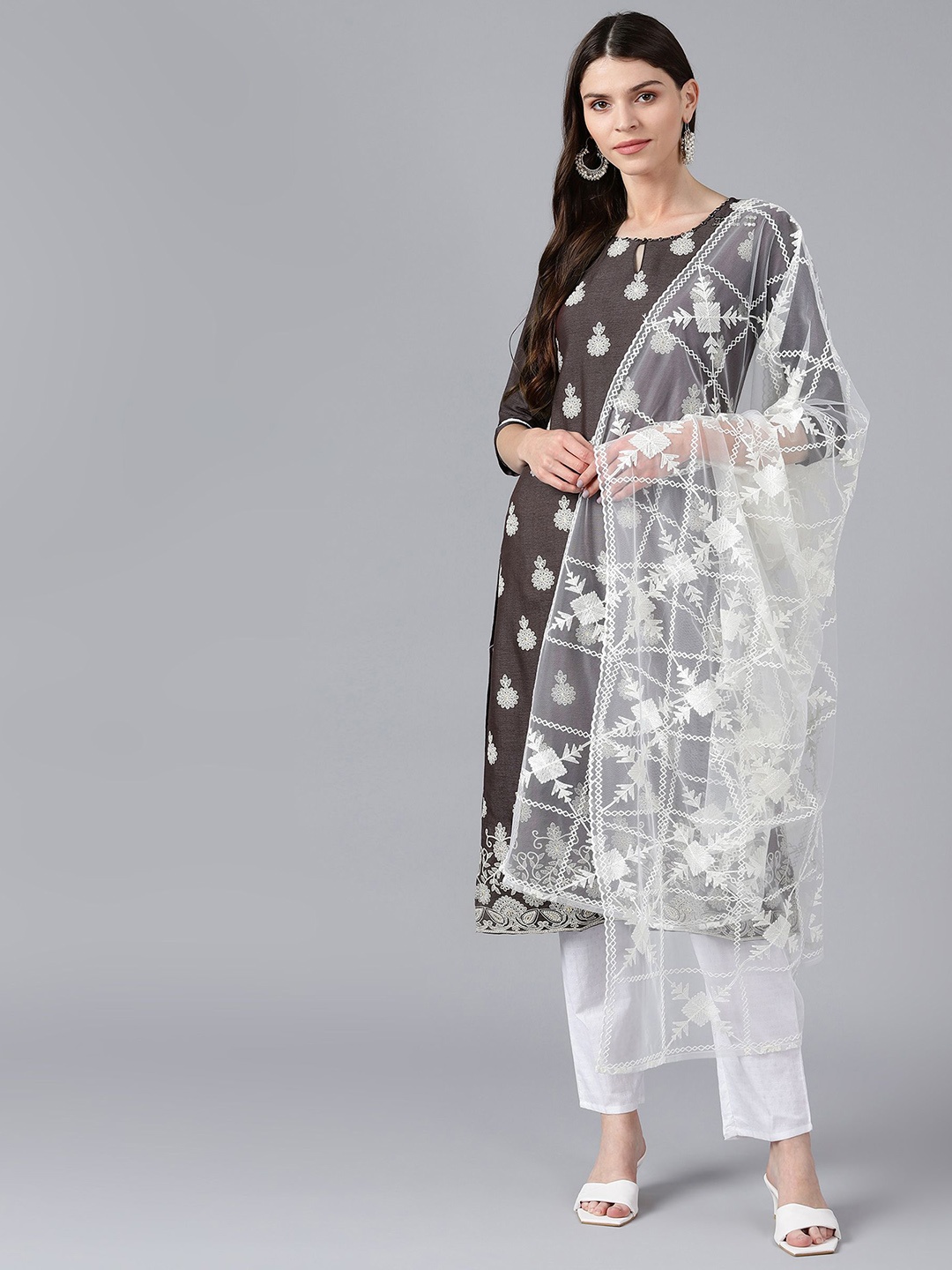 

Bani Women Ethnic Motifs Embroidered Thread Work Straight Kurta With Trousers & Dupatta, Brown