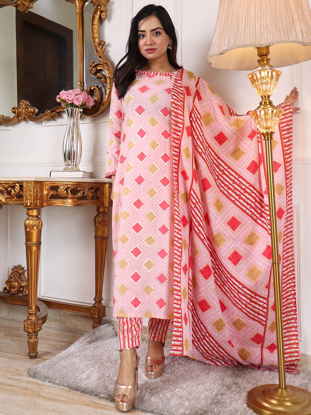 

KALINI Printed Regular Kurta with Trouser & Dupatta, Pink