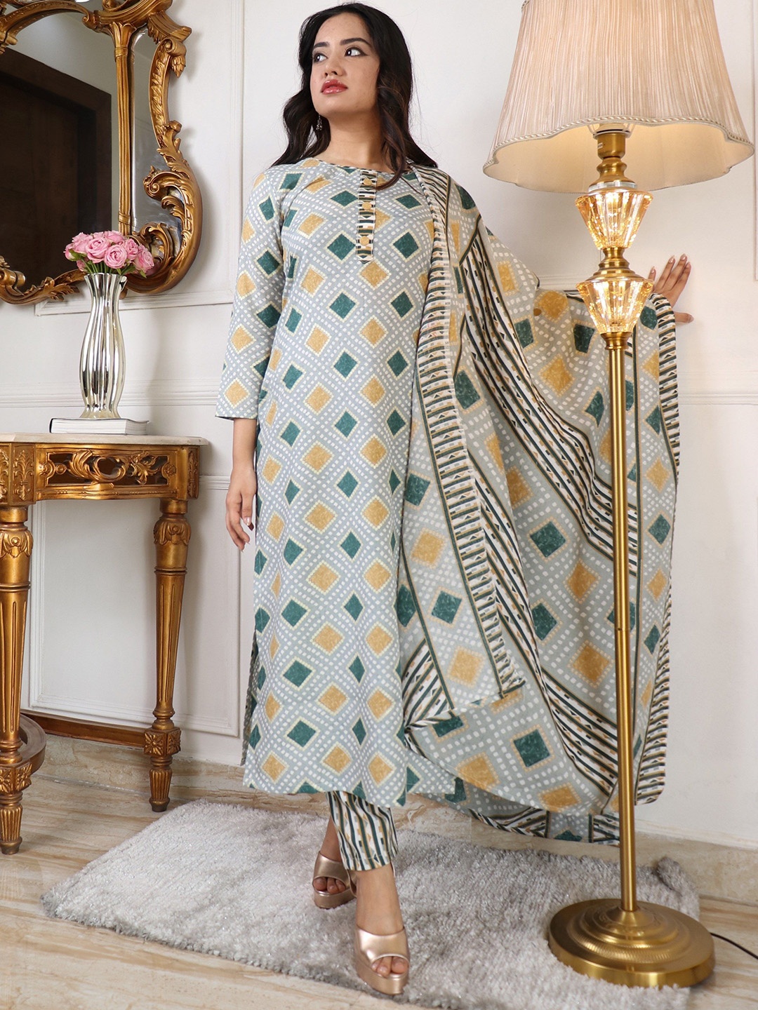 

KALINI Geometric Printed Straight Kurta With Trouser & Dupatta, Grey