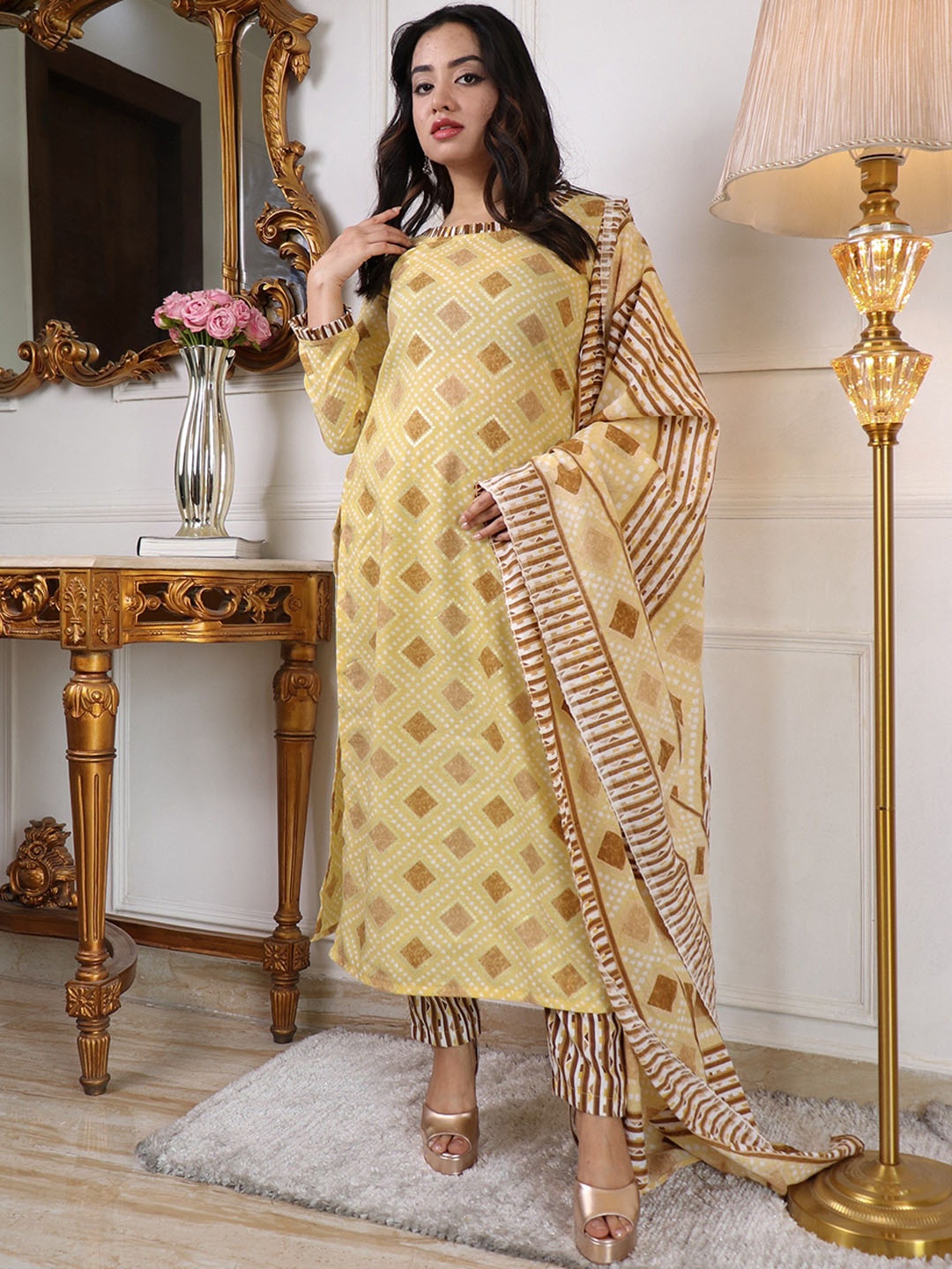 

KALINI Printed Regular Kurta with Trouser & Dupatta, Cream