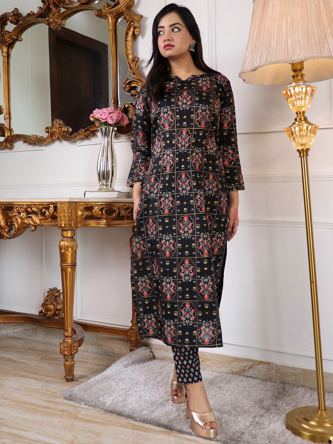 

KALINI Floral Printed Regular Kurta with Trouser, Black