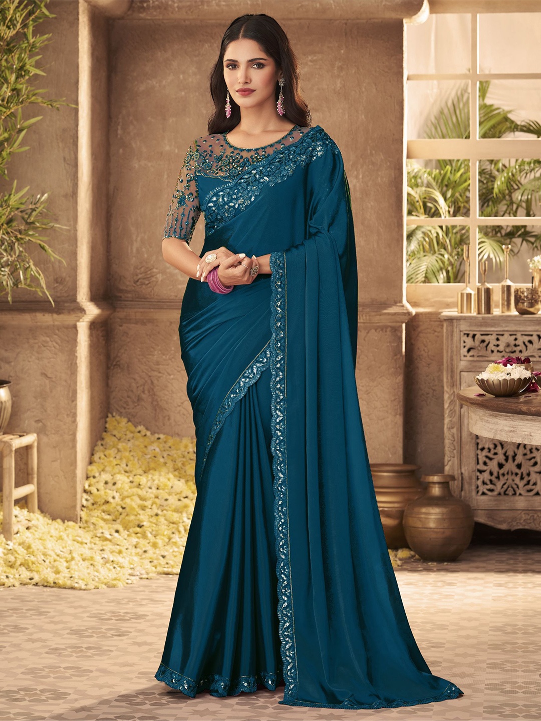 

Trendmalls Embroidered Saree, Teal