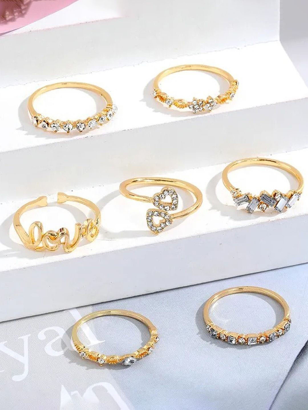 

Jewels Galaxy Set Of 7 Gold-Plated Stone Studded Stackable Finger Rings