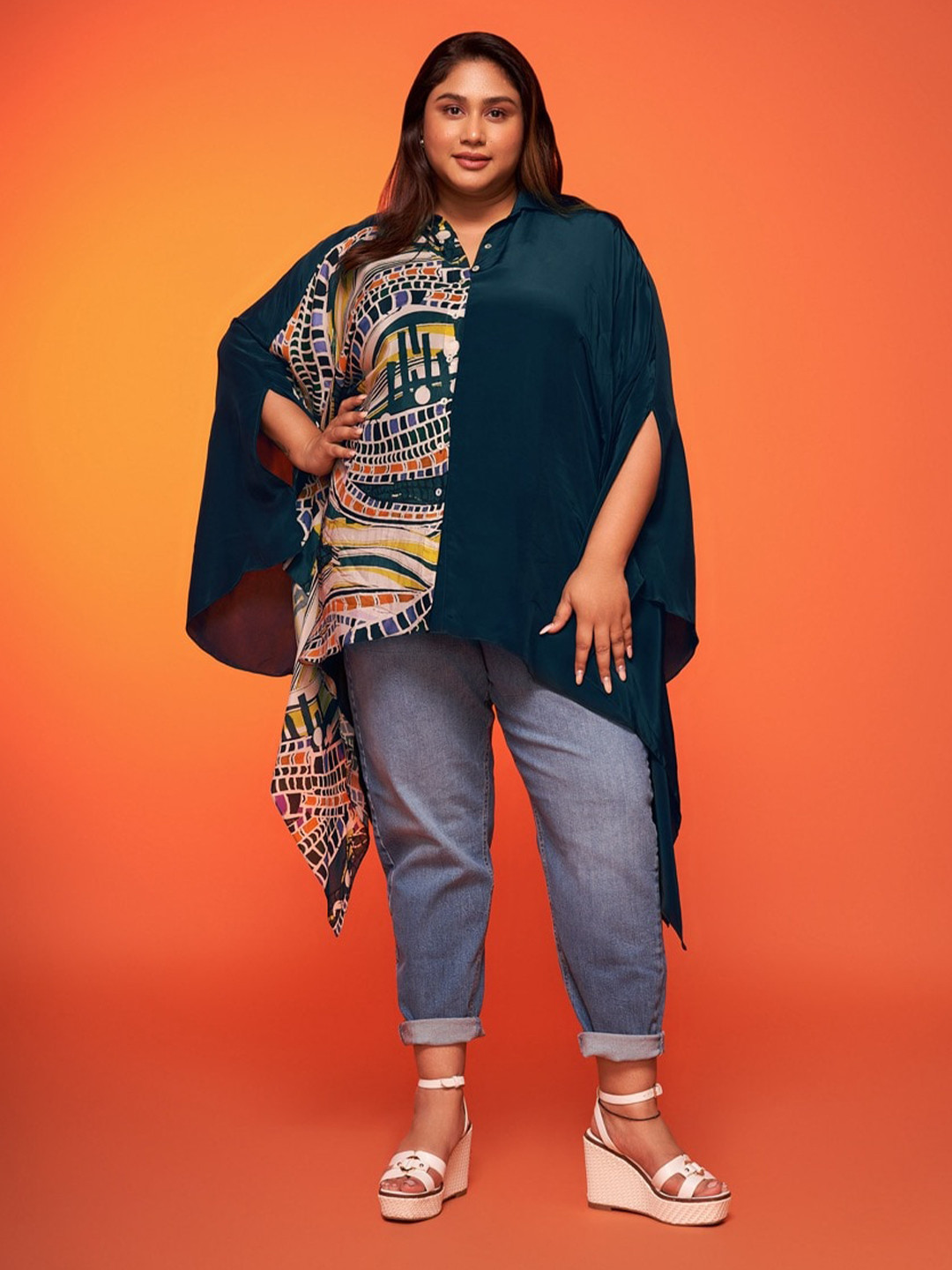 

NEETIANDMUDITA Relaxed Plus Size Shirt Collar Printed Extended Sleeves Top, Olive