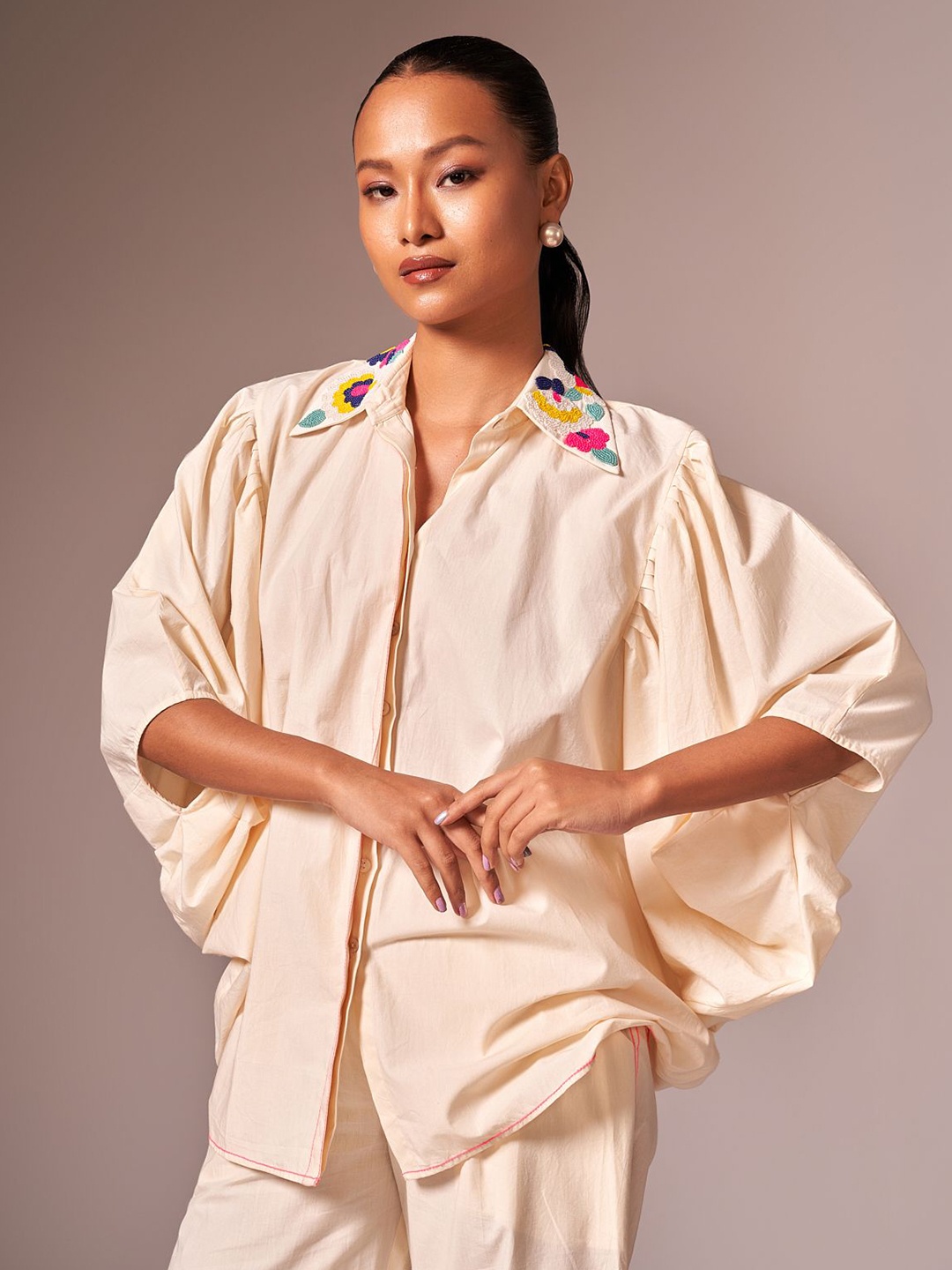 

NEETIANDMUDITA Relaxed Spread Collar Embellished Cotton Casual Shirt, Off white