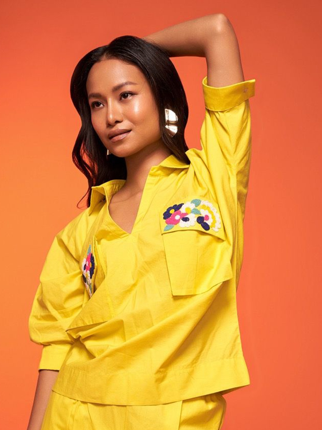 

NEETIANDMUDITA Relaxed Shirt Collar Embellished Cotton Top, Yellow