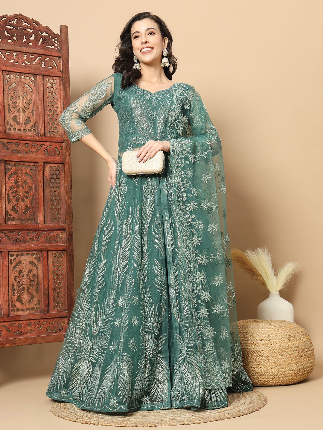 

Chhabra 555 Embellished Lehenga With Front Slit Jacket & Dupatta, Green