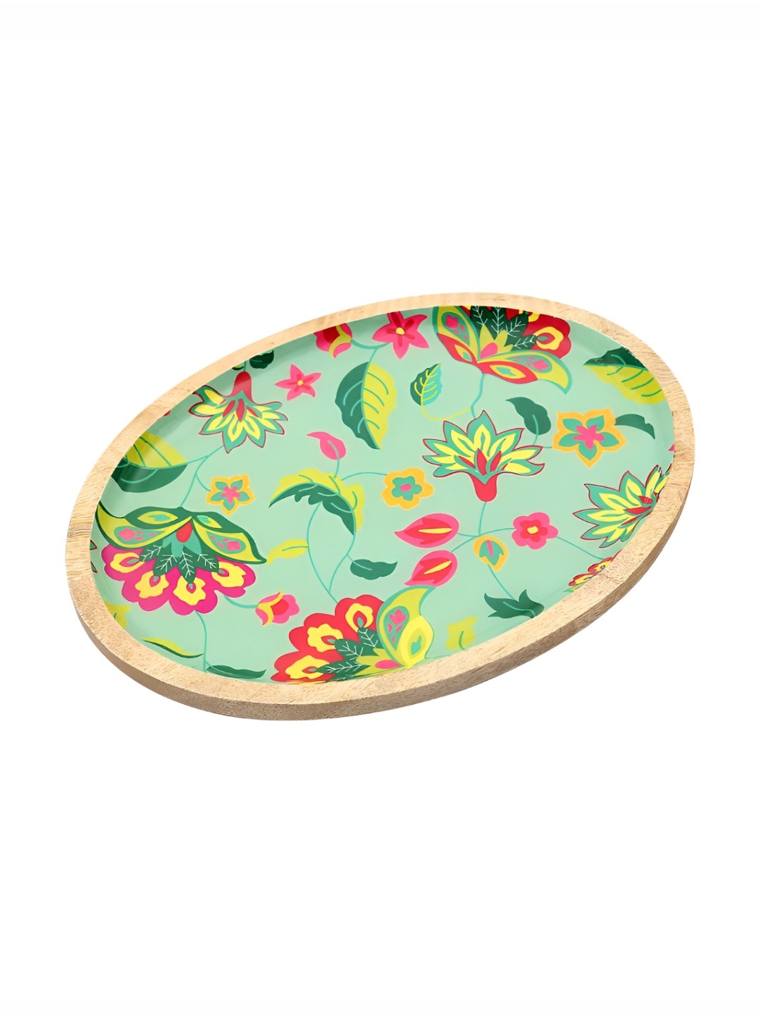 

India Circus by Krsnaa Mehta Green Floral Printed Wooden Food Platter, Blue