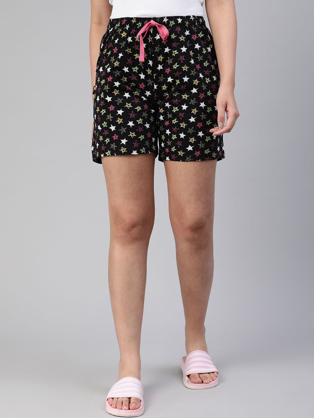 

LYRA Conversational Printed Mid Rise Cotton Shorts, Black