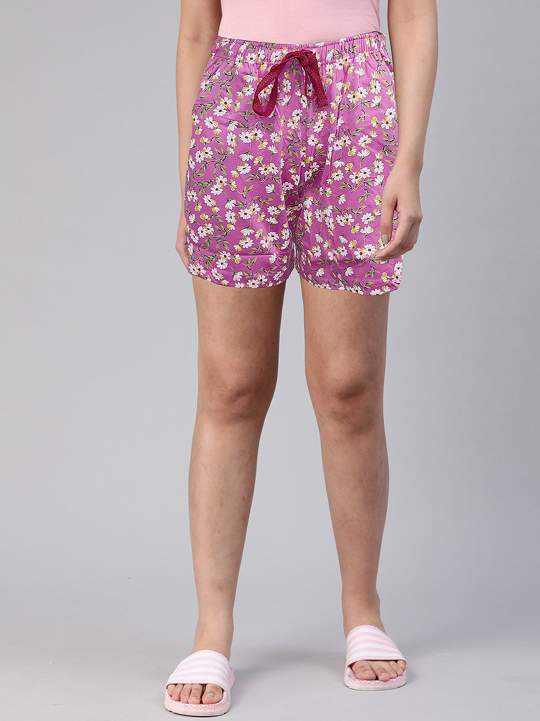 LYRA Women Floral Printed Cotton Lounge Shorts, Pink