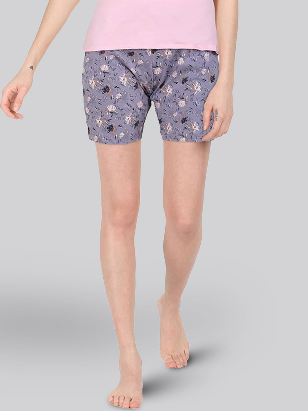 

LYRA Women Floral Printed Cotton Lounge Shorts, Purple