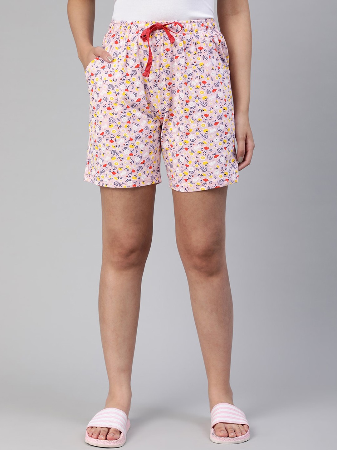 

LYRA Women Floral Printed Mid-Rise Drawstring Closure Cotton Casual Shorts, Pink