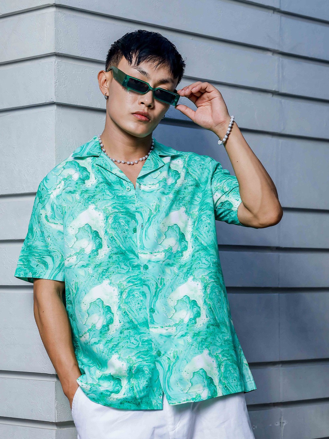 

House of Koala Unisex Abstract Printed Cuban Collar Classic Relaxed Fit Resort Shirt, Green