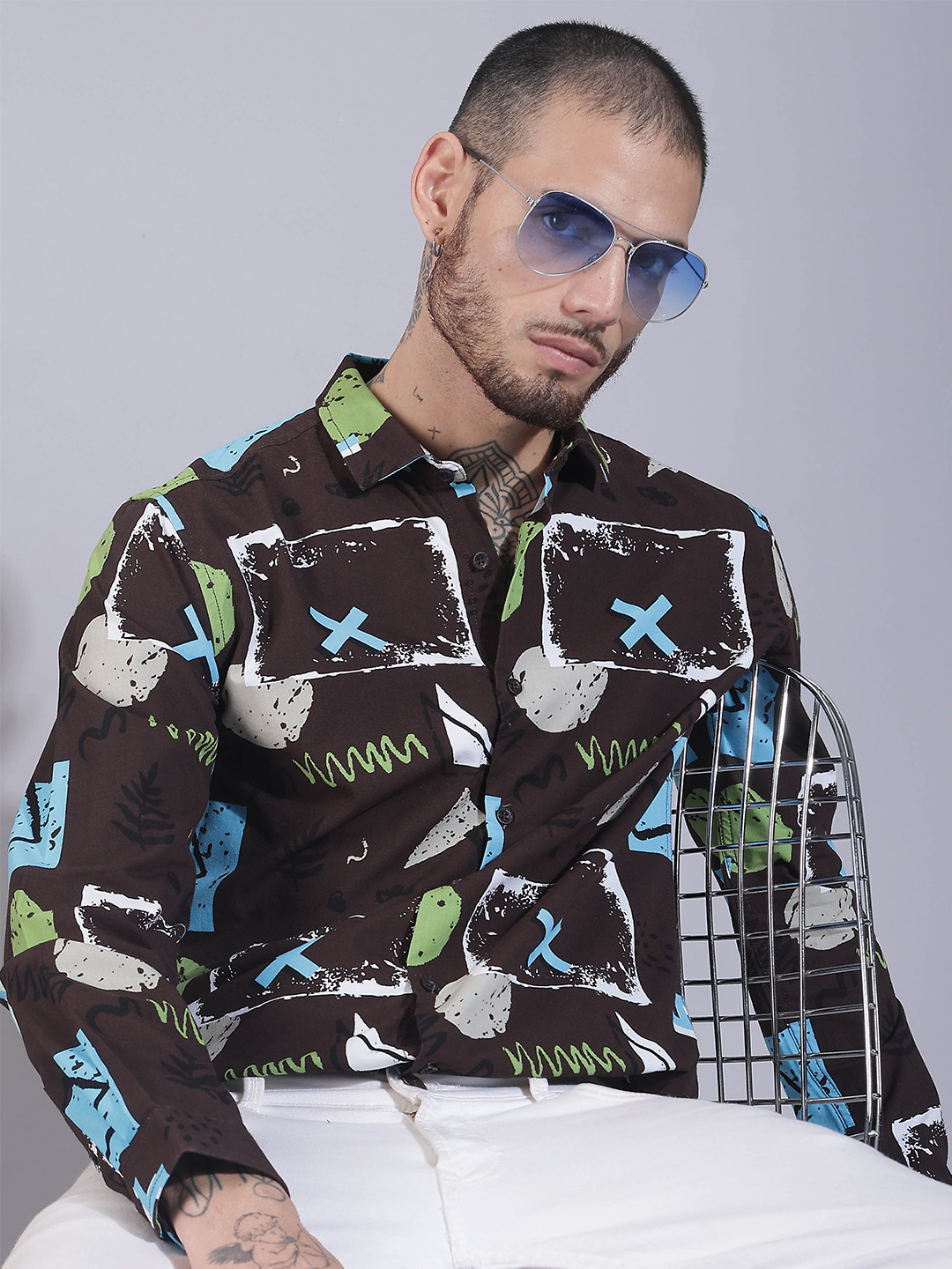 

HERE&NOW Spread Collar Long Sleeves Slim Fit Abstract Printed Cotton Casual Shirt, Brown