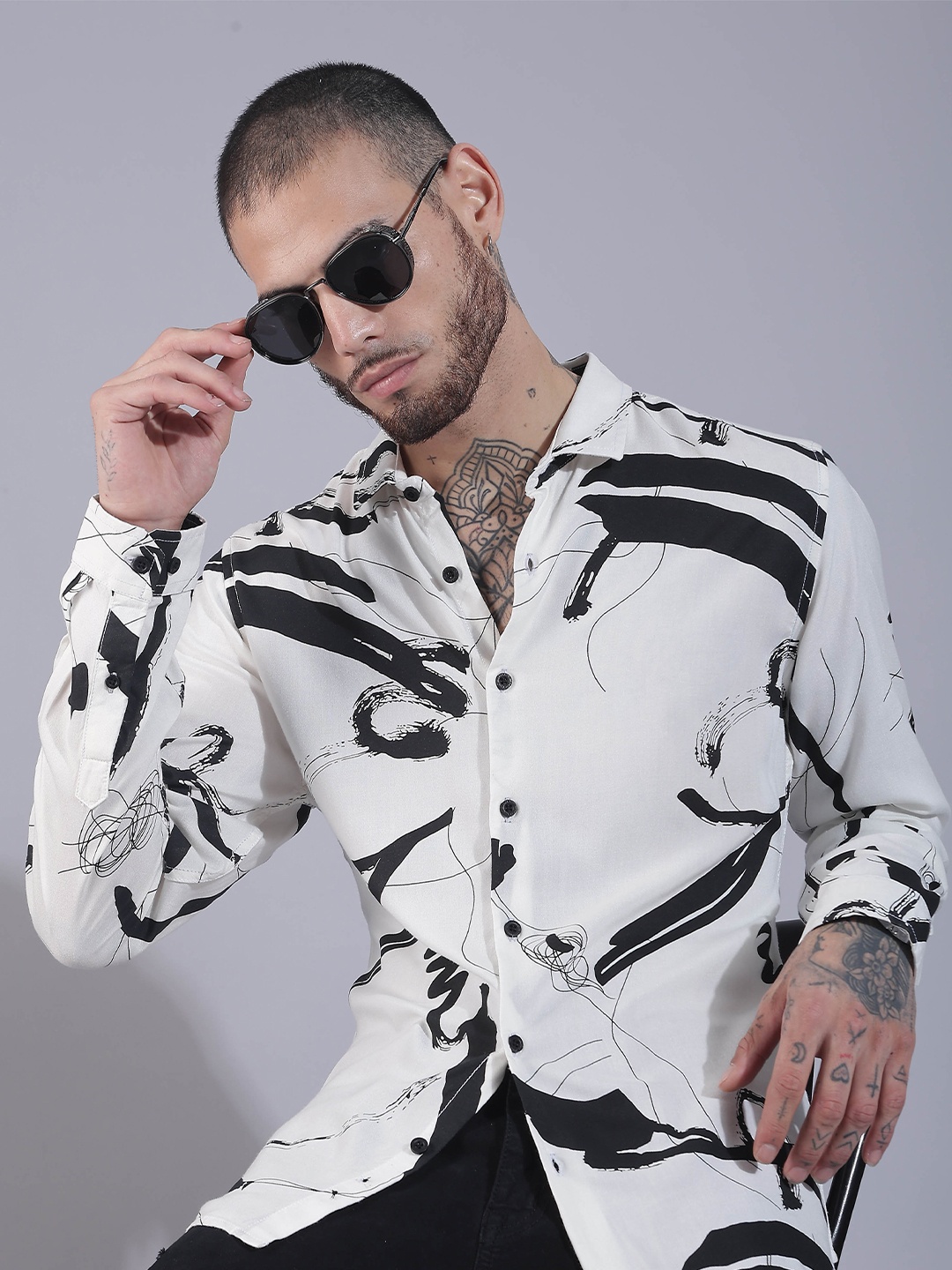 

HERE&NOW Spread Collar Slim Fit Printed Casual Shirt, White