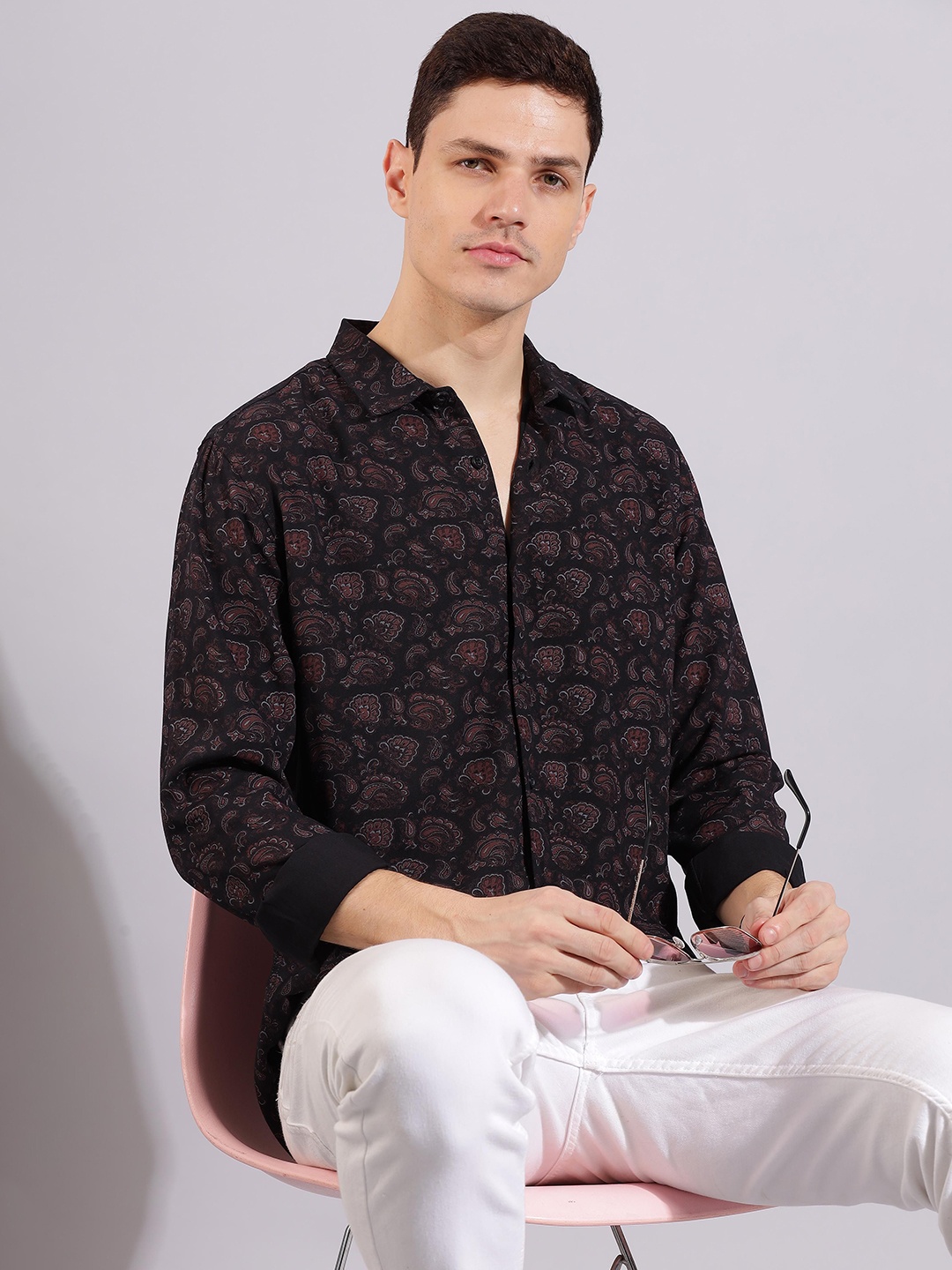 

HERE&NOW Spread Collar Slim Fit Floral Printed Cotton Casual Shirt, Brown