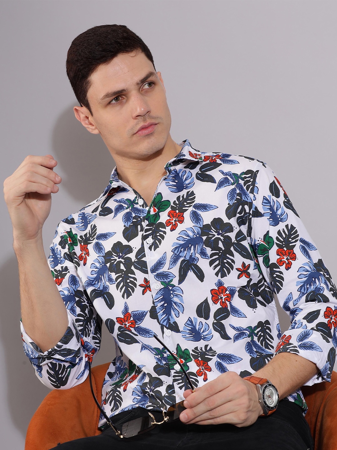 

HERE&NOW Spread Collar Slim Fit Floral Printed Cotton Casual Shirt, White