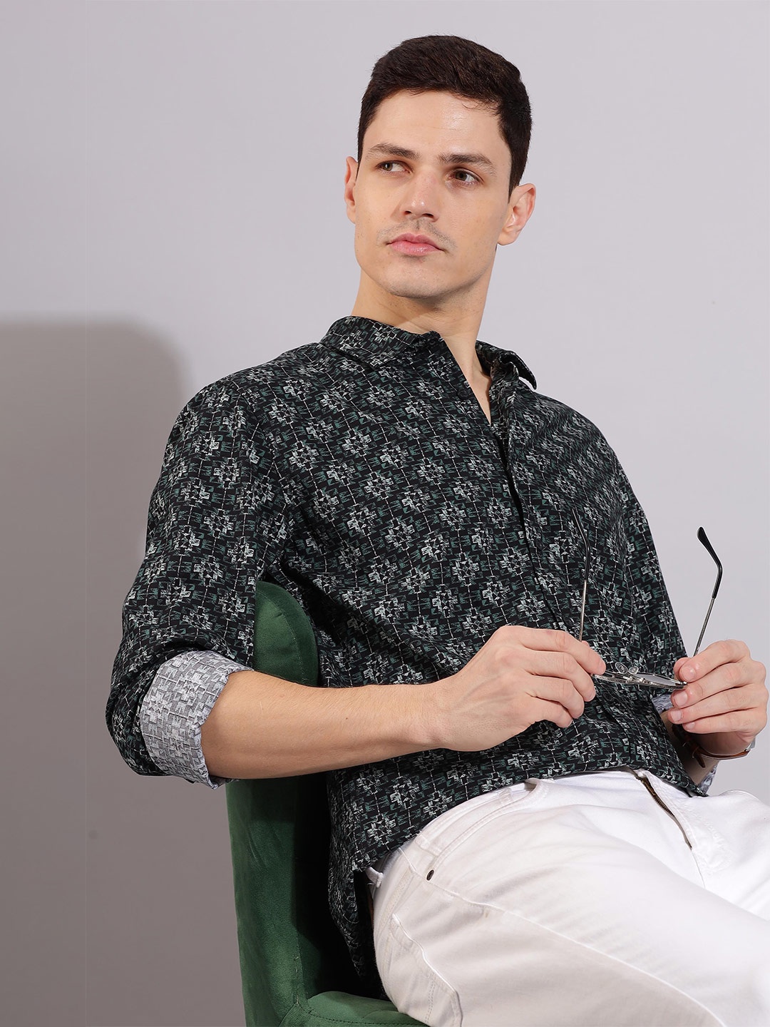 

HERE&NOW Spread Collar Slim Fit Printed Cotton Casual Shirt, Black